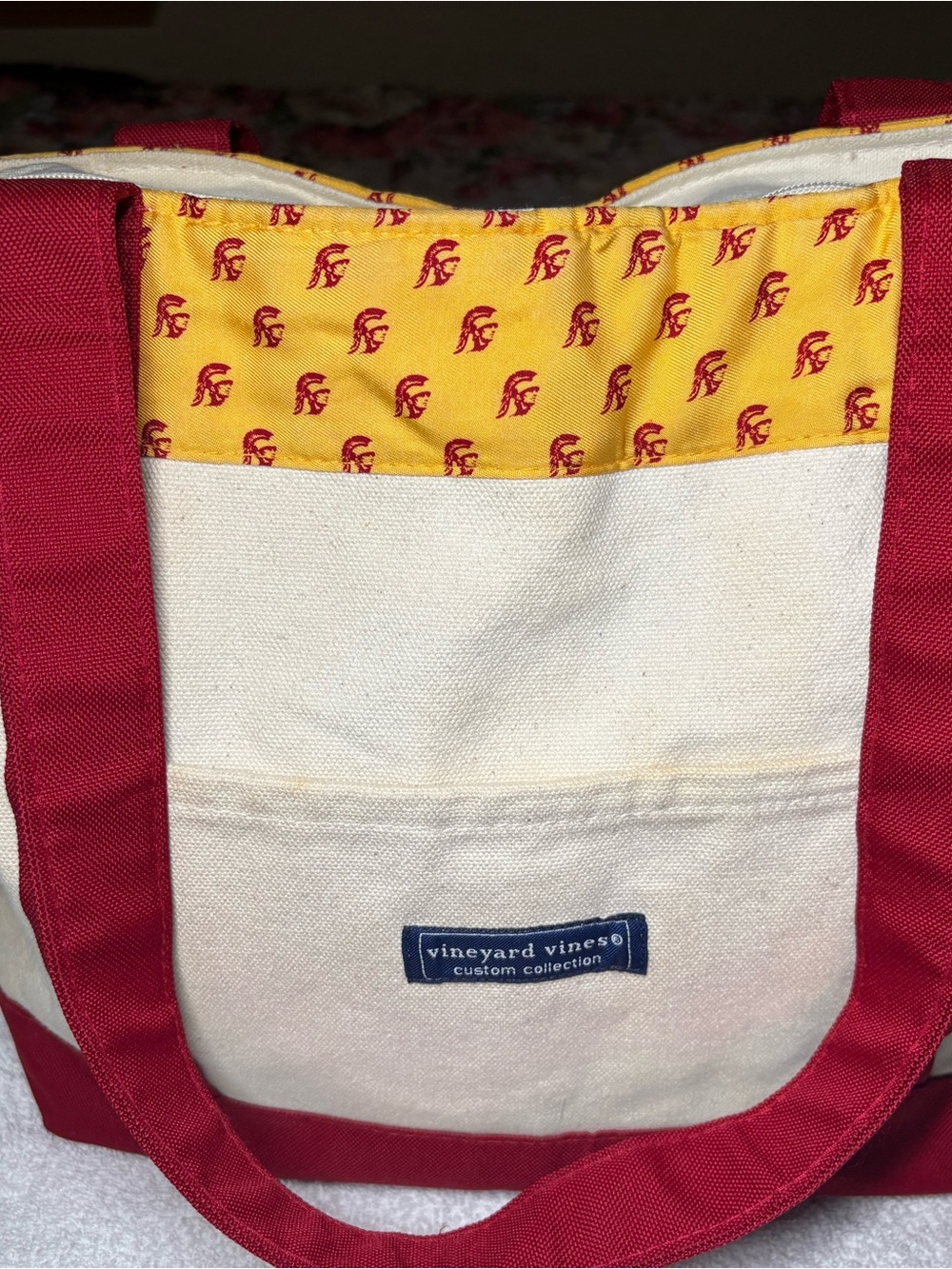 Vineyard Vines Red and Natural Canvas Tote with Yellow Liner